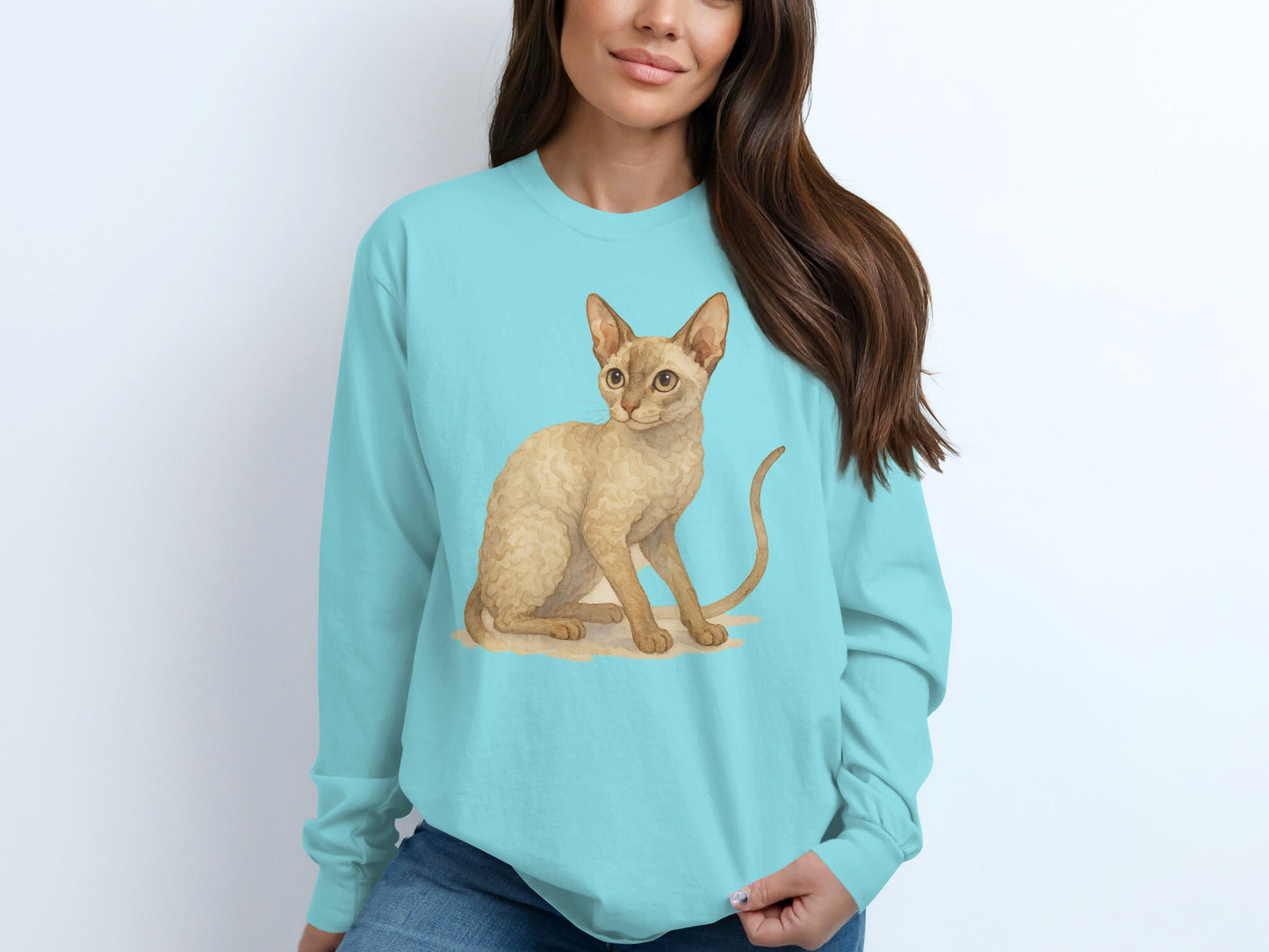 Adorable Cat Graphic Long Sleeve Blue Shirt product type