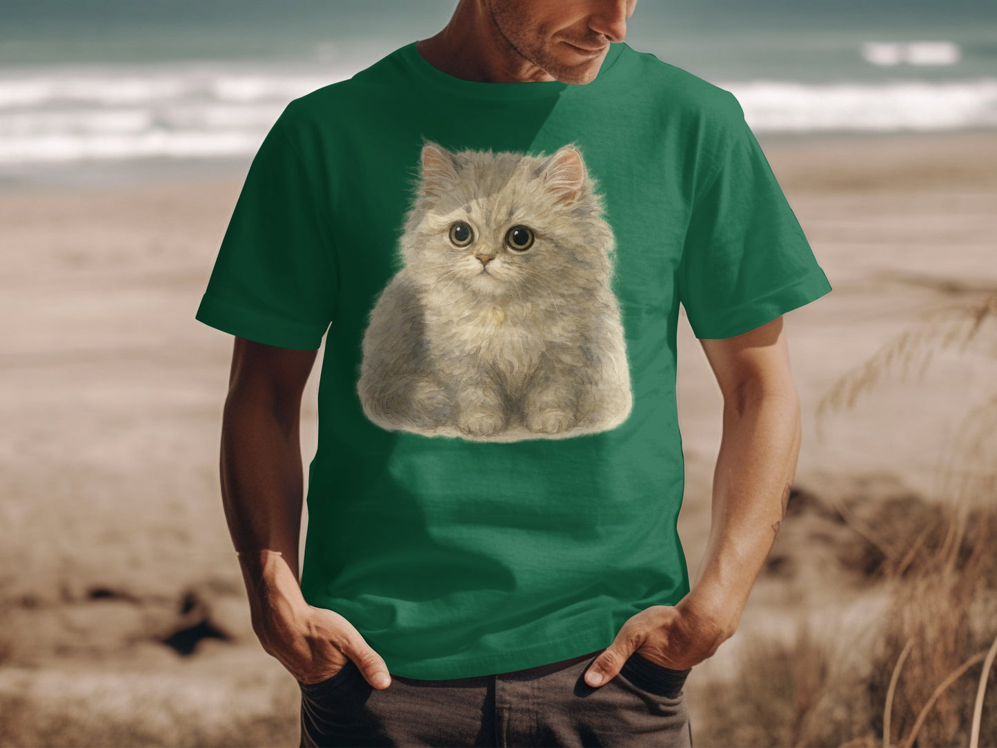 Cute Fluffy Kitten Graphic on Green Shirt product type