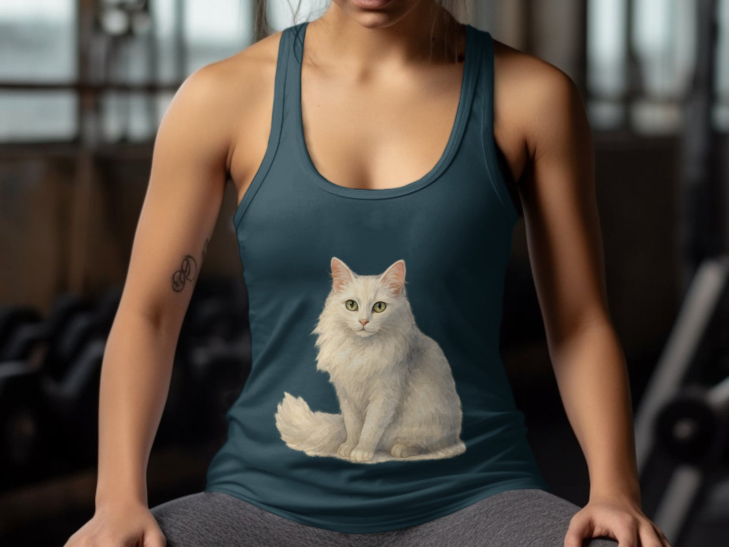 Cute White Cat Graphic Design on Teal Tank Top product