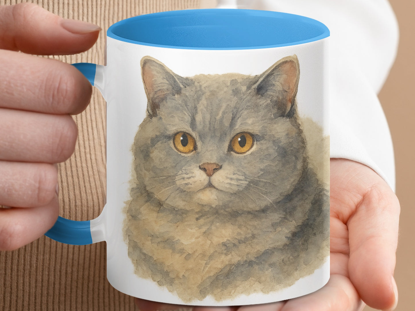 Cute Cat Illustration on Blue Handle Mug product