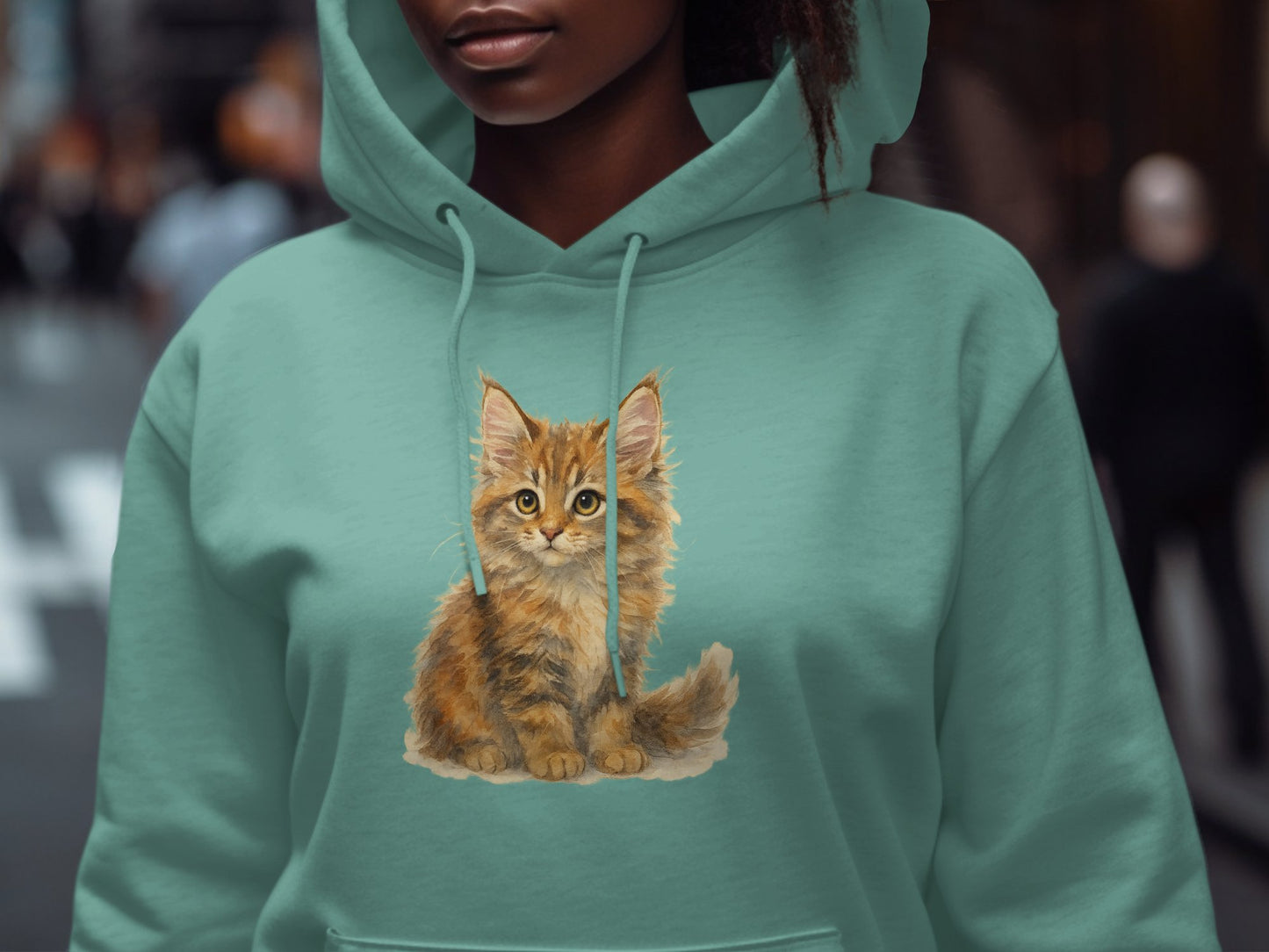 Cute Kitten Graphic Teal Green Hooded Sweatshirt product