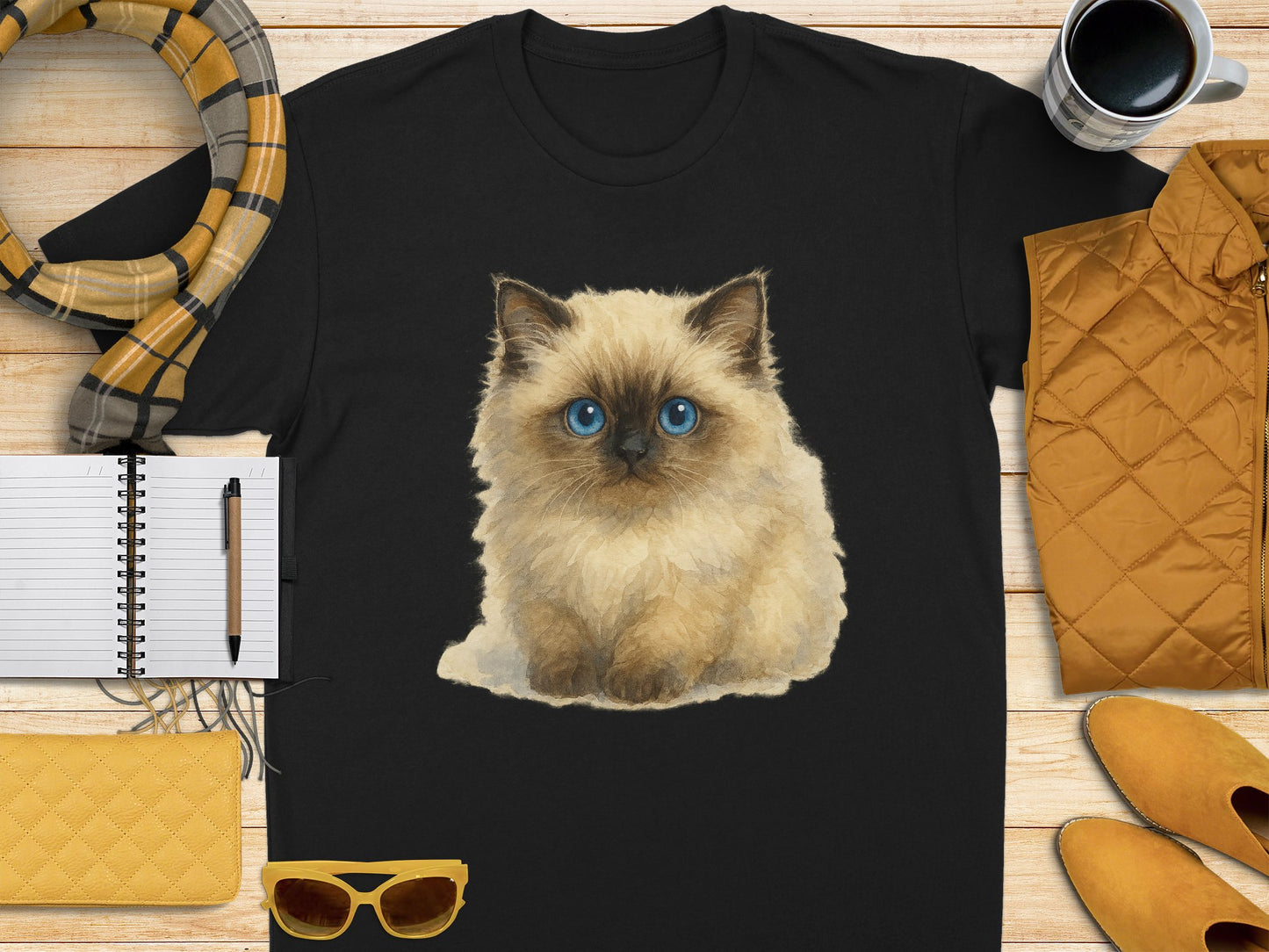 Cute Fluffy Blue-Eyed Kitten on Black Shirt product type