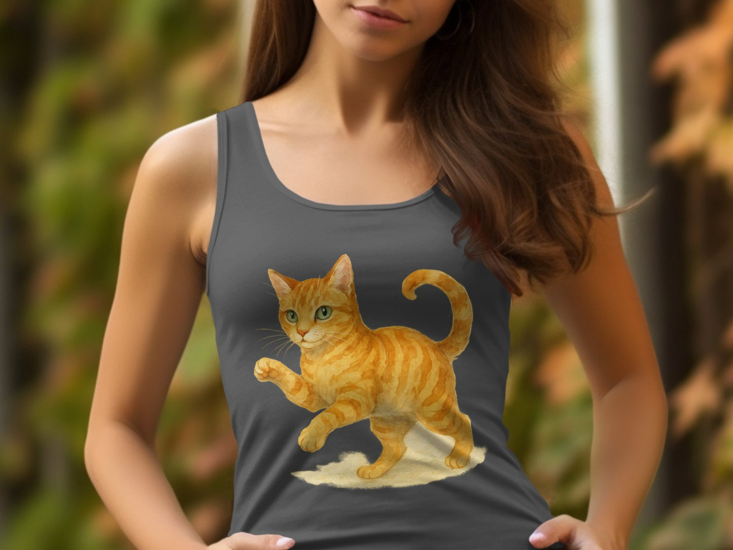 Gray Tank Top Featuring Playful Orange Cat print product type