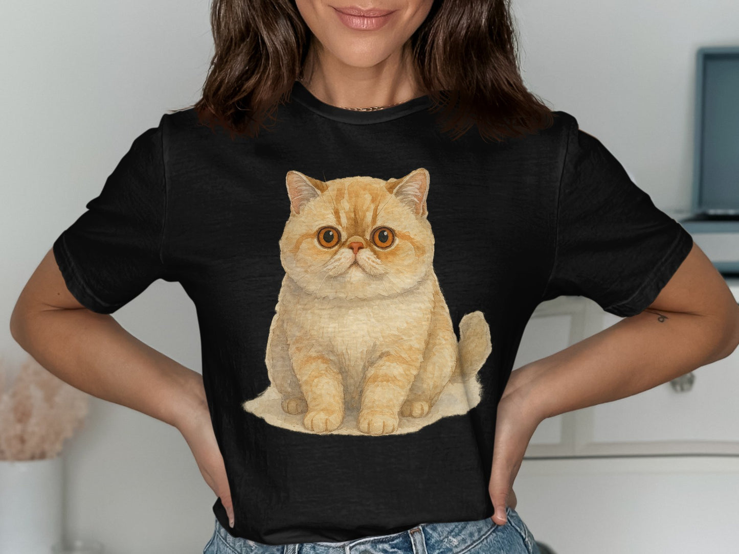Cute Kitten with Big Eyes Print Black T-Shirt product type