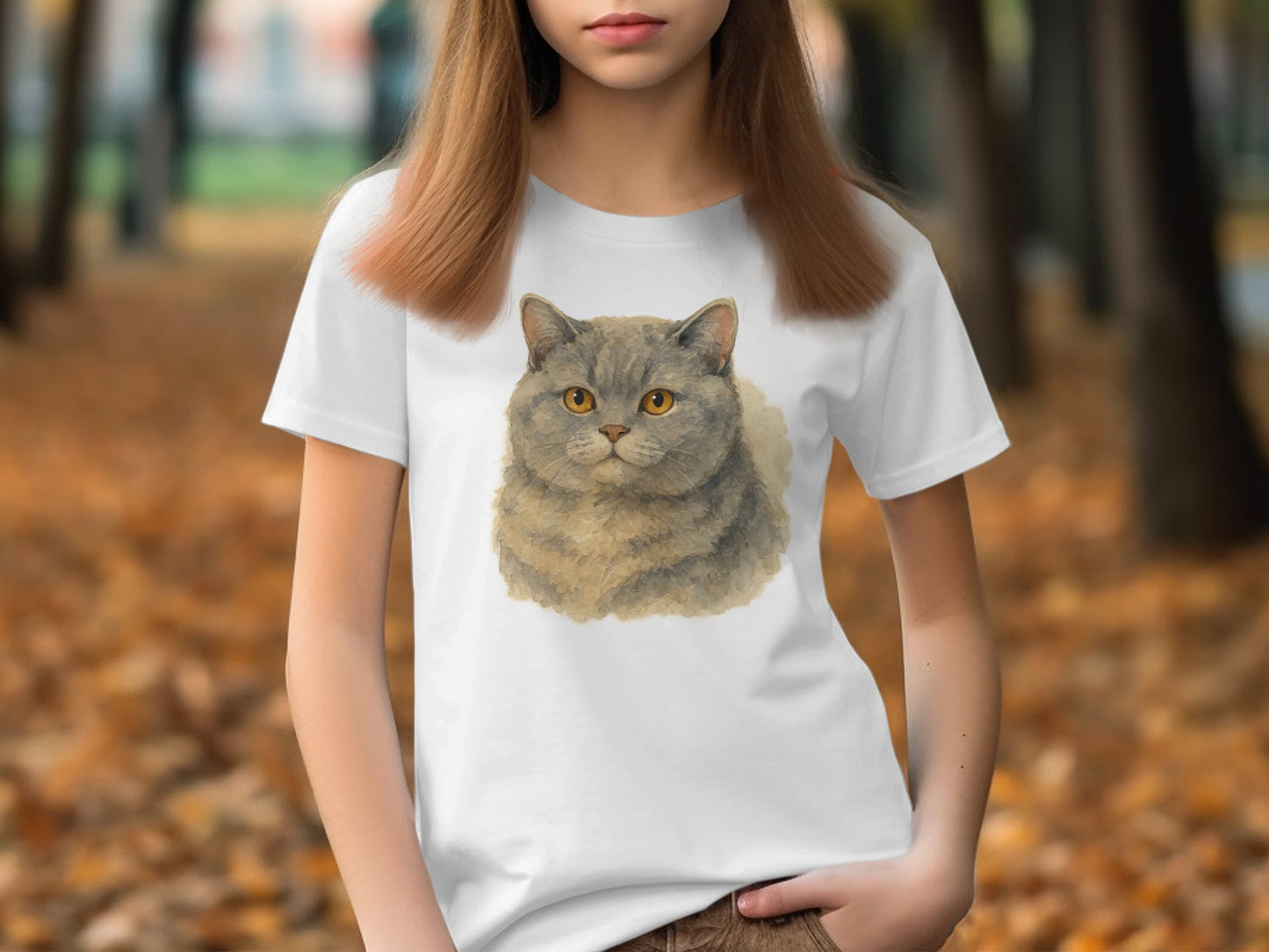 Cute Grey Cat Print on White T-shirt product type