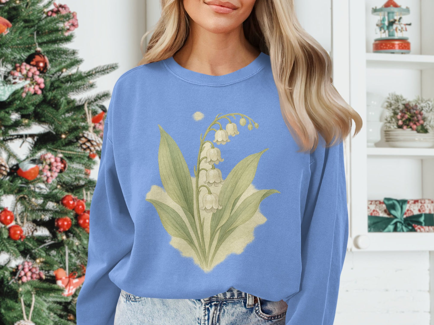 Lovely Lily of the Valley Print Blue Sweatshirt product