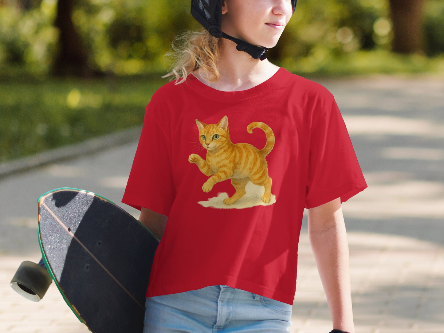 Red T-Shirt with Orange Cat Design Casual Product Type