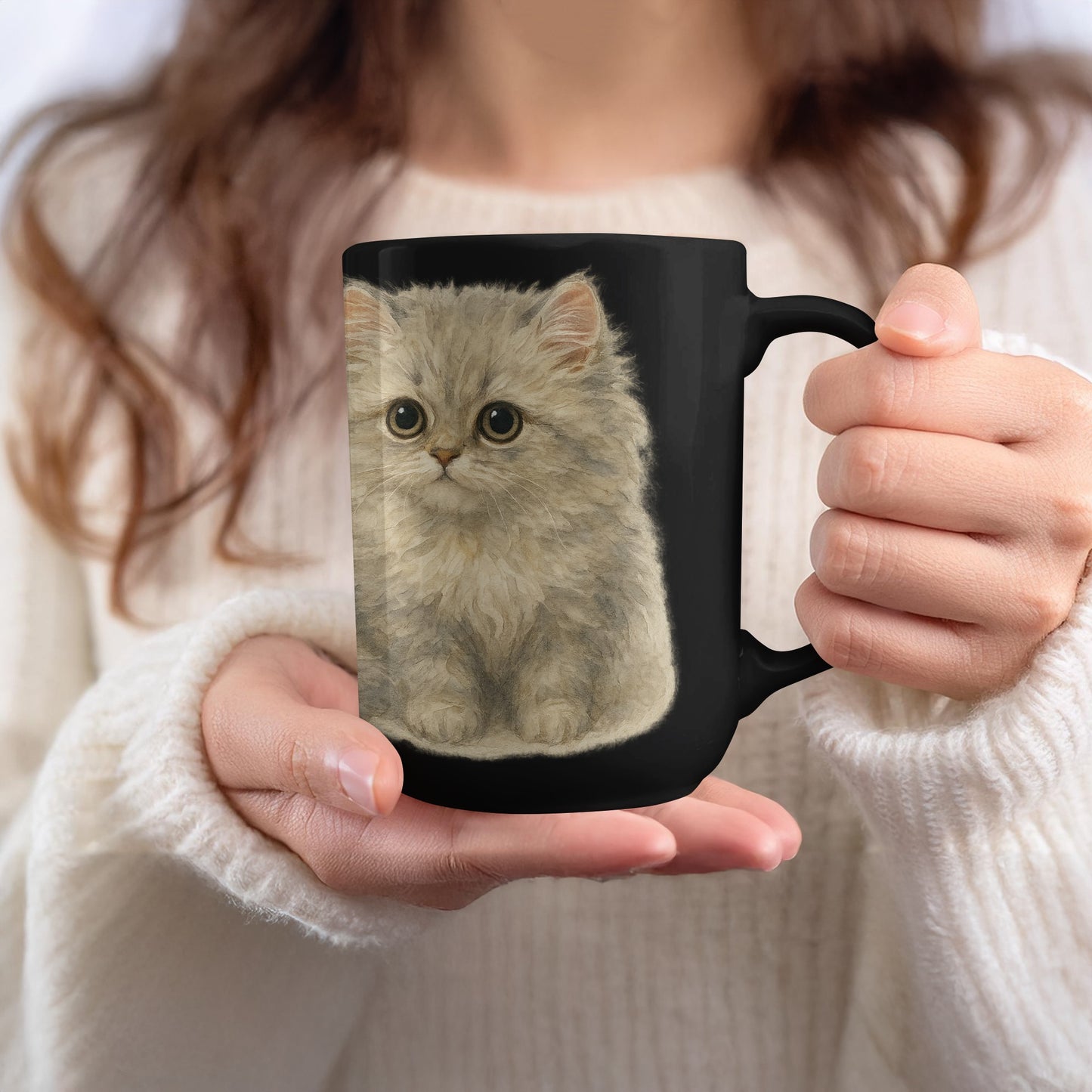 Adorable Fluffy Kitten Print Black Ceramic Mug product type