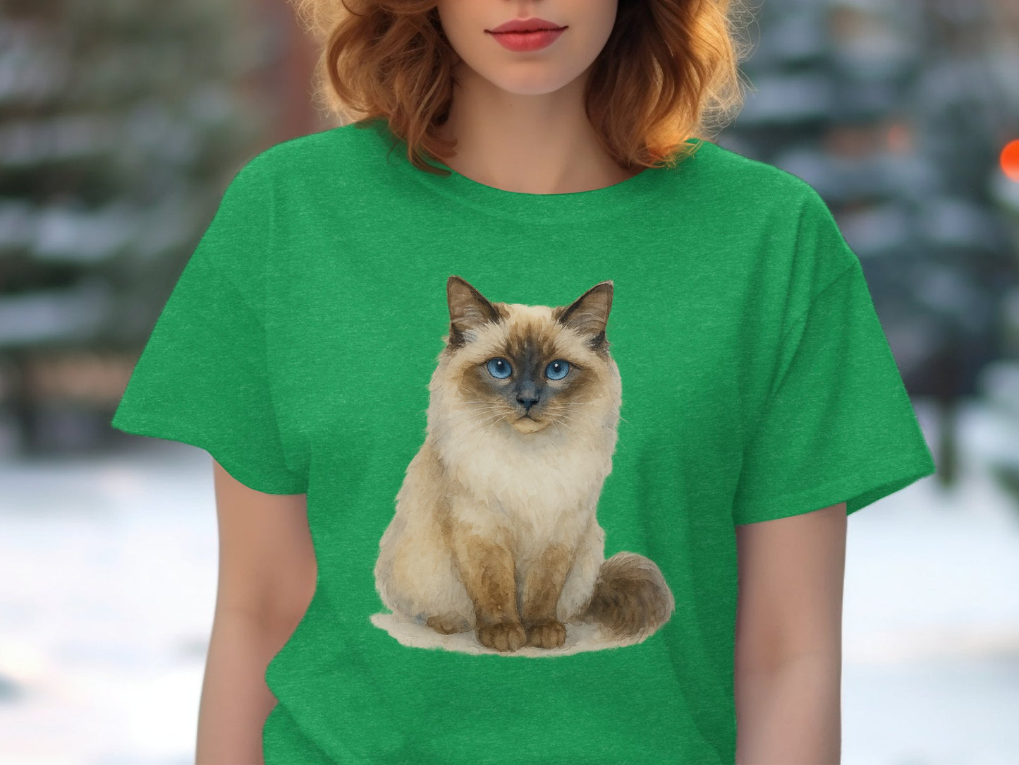 Beautiful Blue-Eyed Cat Print on Green Shirt product type