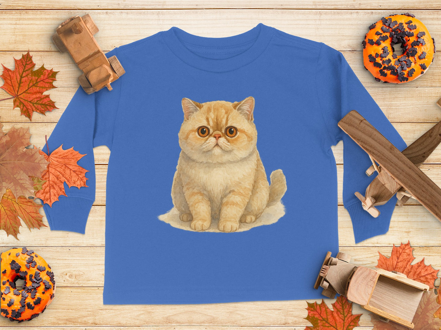 Cute Cartoon Cat Print Blue Kids Long-Sleeve Shirt product