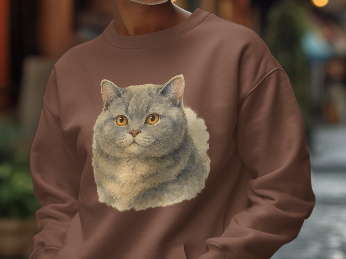 Realistic Gray Cat Portrait on Brown Sweatshirt product