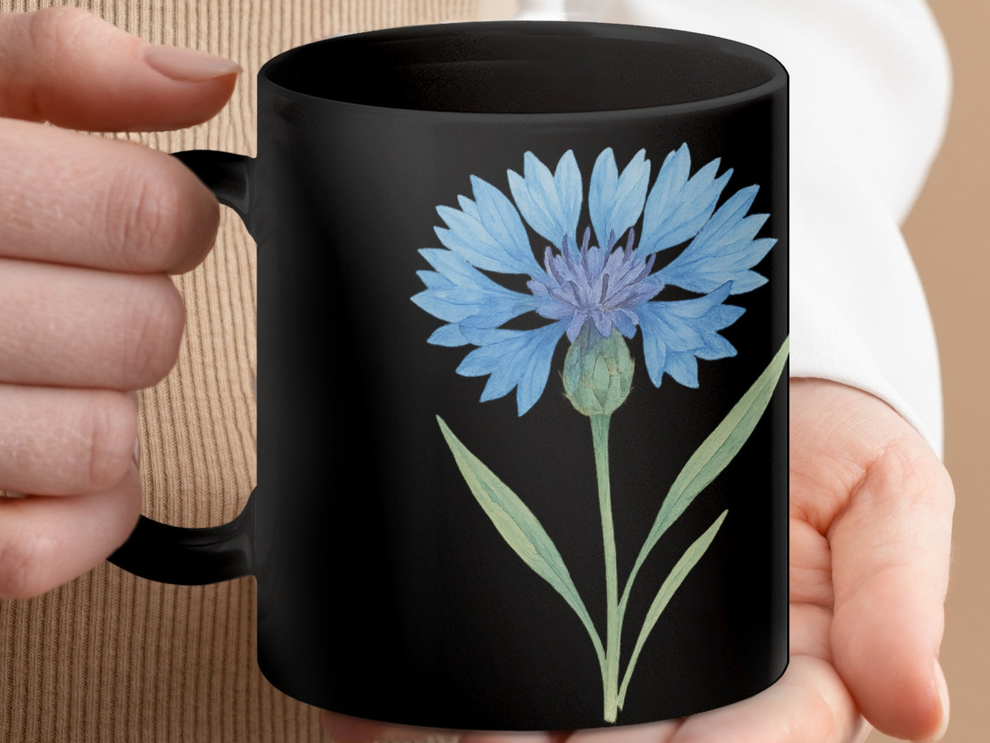 Black Mug with Blue Flower Print Design product type