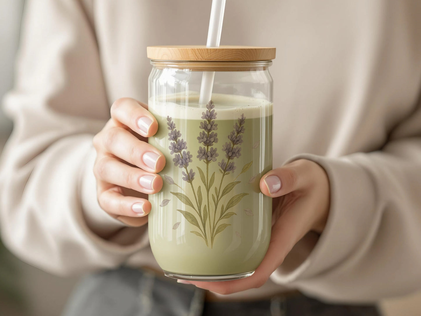 Lavender Flower Print Glass Jar with Straw product type
