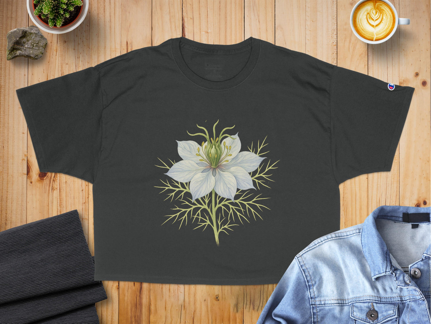 Elegant White Flower Print Black Crop Top product
