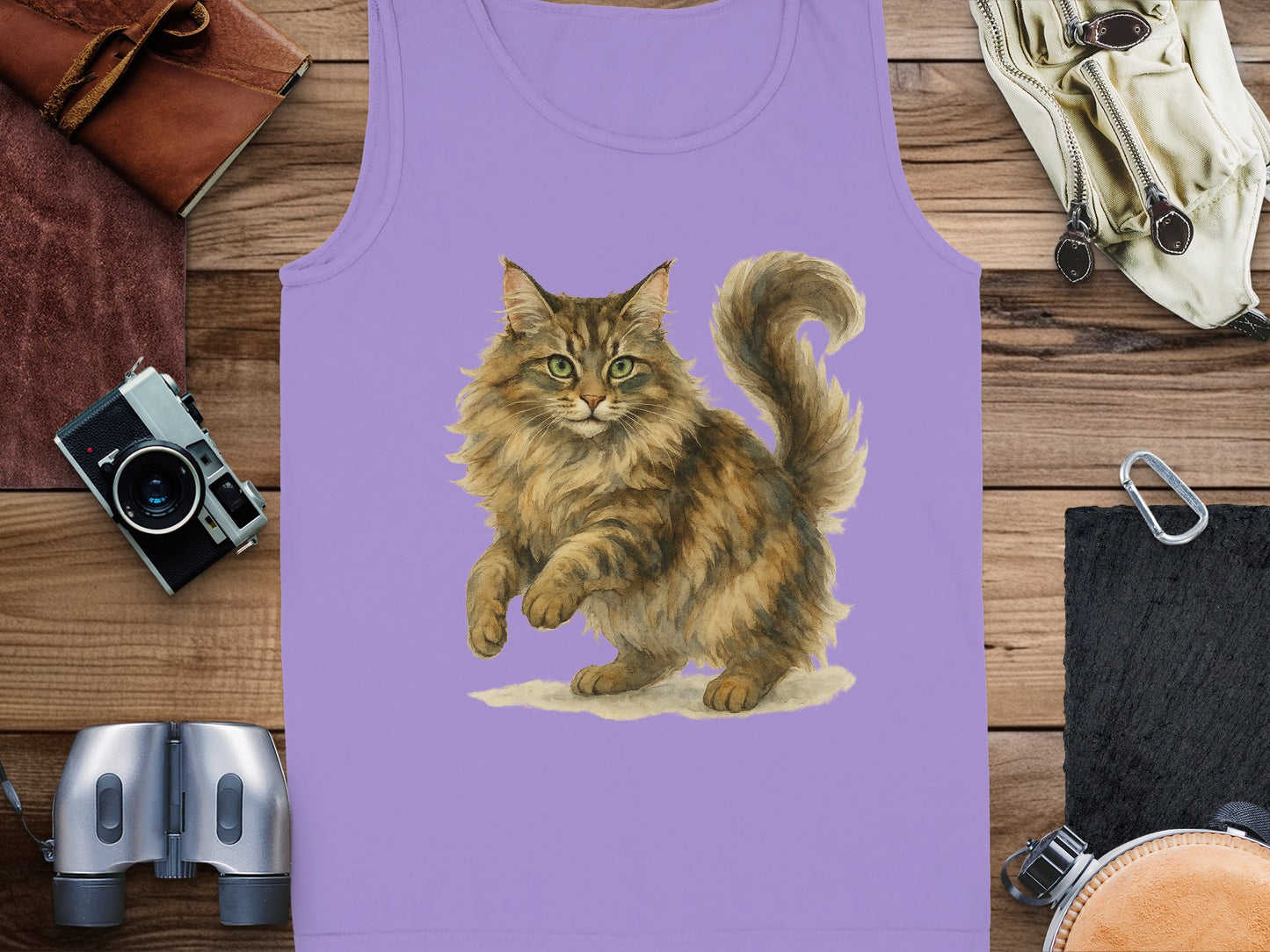 Cute Furry Cat Graphic on Lilac Background Tanktop product