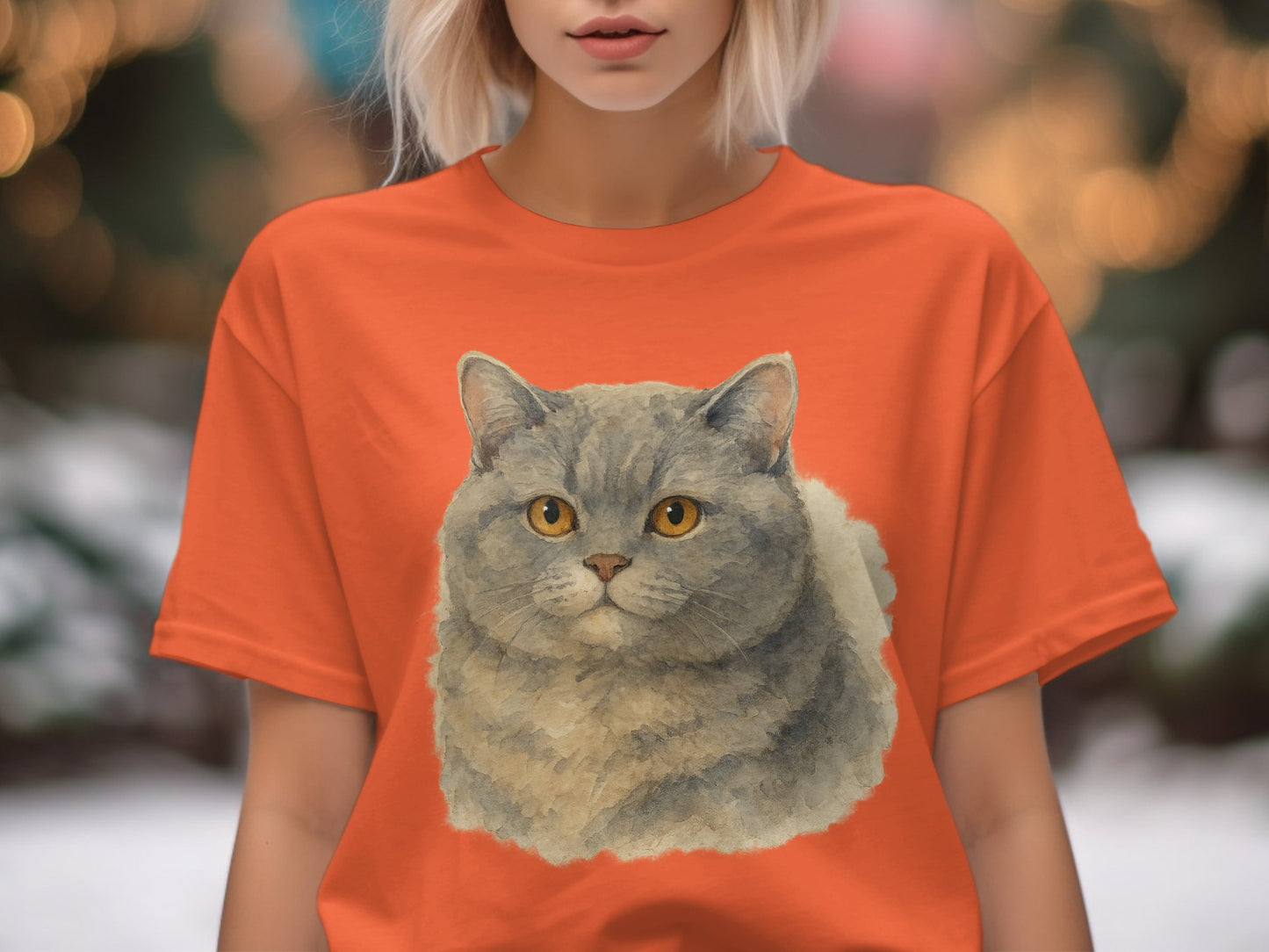Cute Gray Cat Illustration on Orange T-Shirt product type