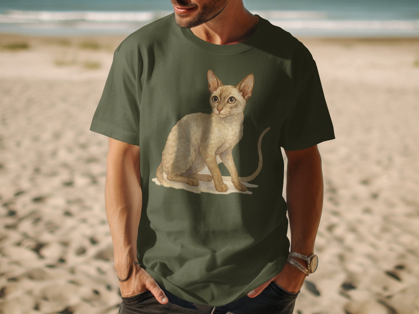 Cute Cat Illustration on Green T-shirt product