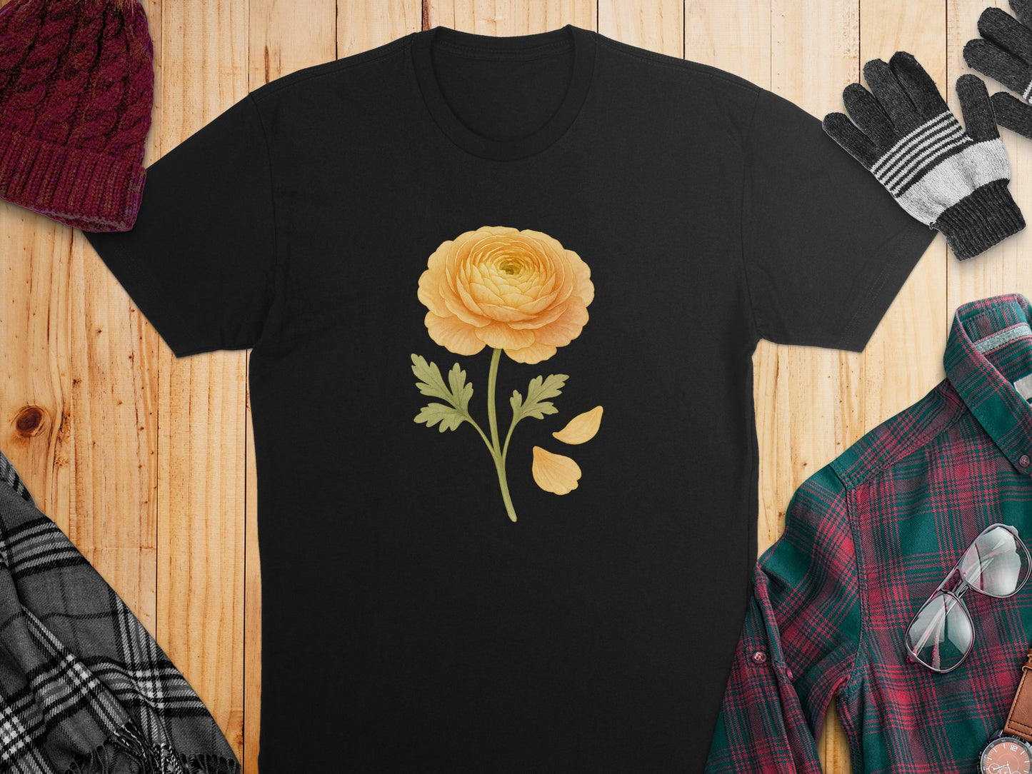 Yellow Flower Graphic Printed Black T Shirt product