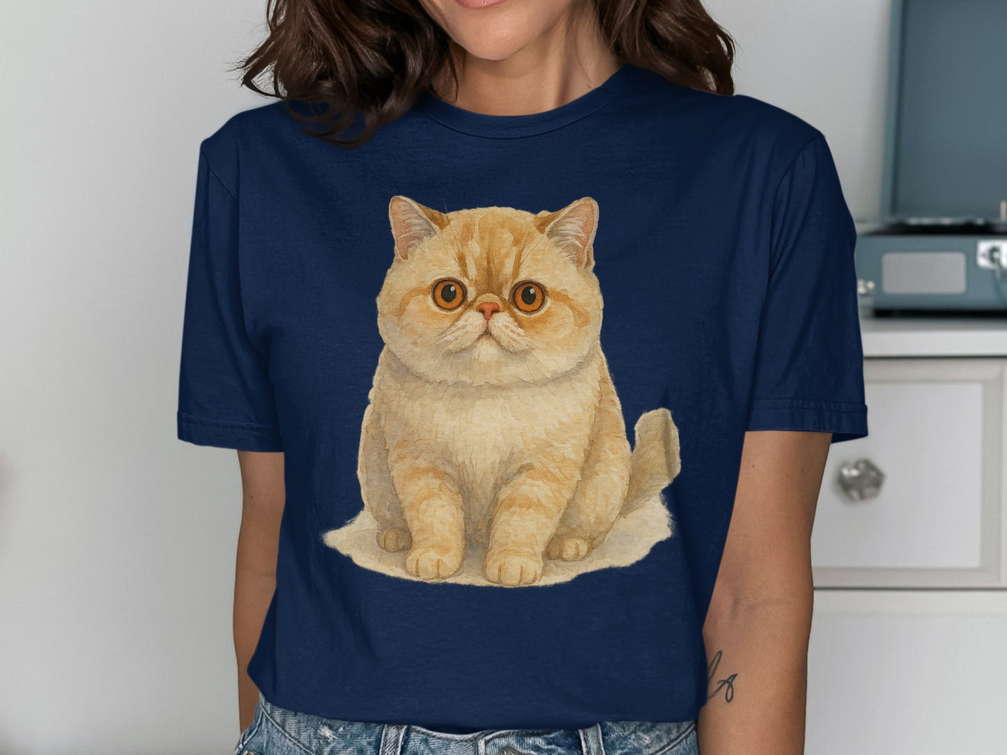 Cute Orange Cat Graphic on Navy Blue Shirt product