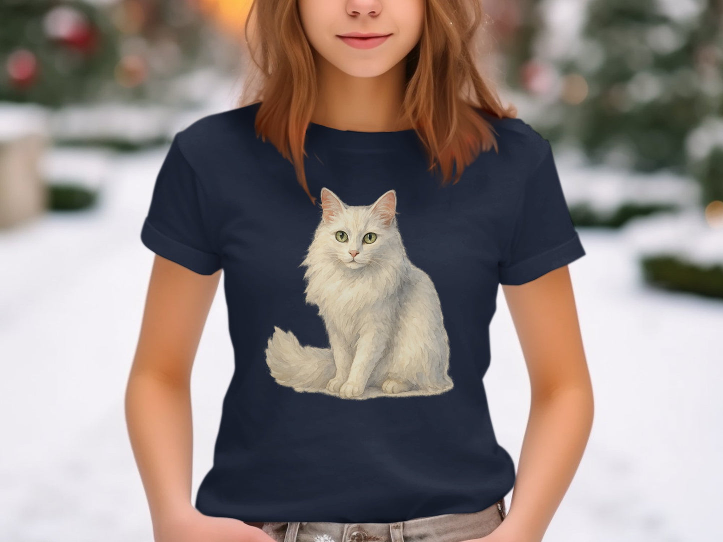 White Cat Illustration Printed T-shirt product