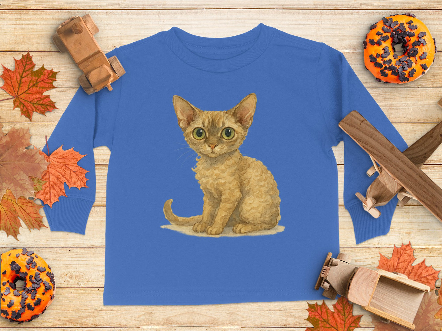 Cute Cat Illustration on Blue Long Sleeve Shirt product