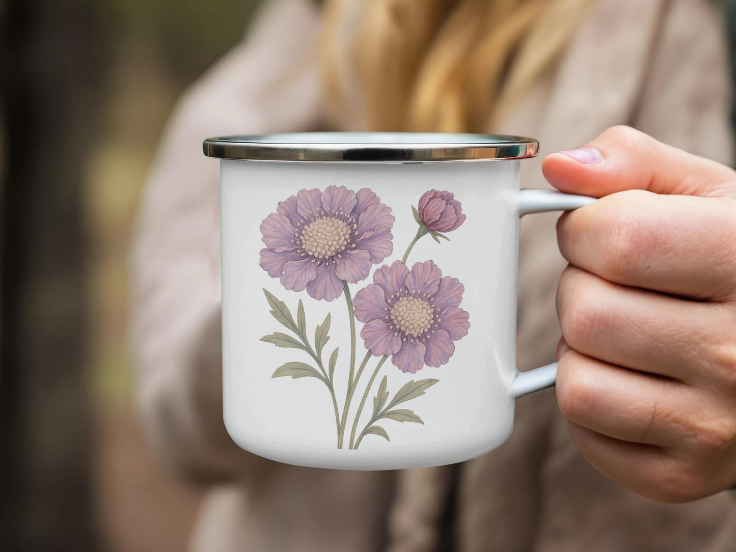 Purple Flower Print White Enamel Camping Mug product