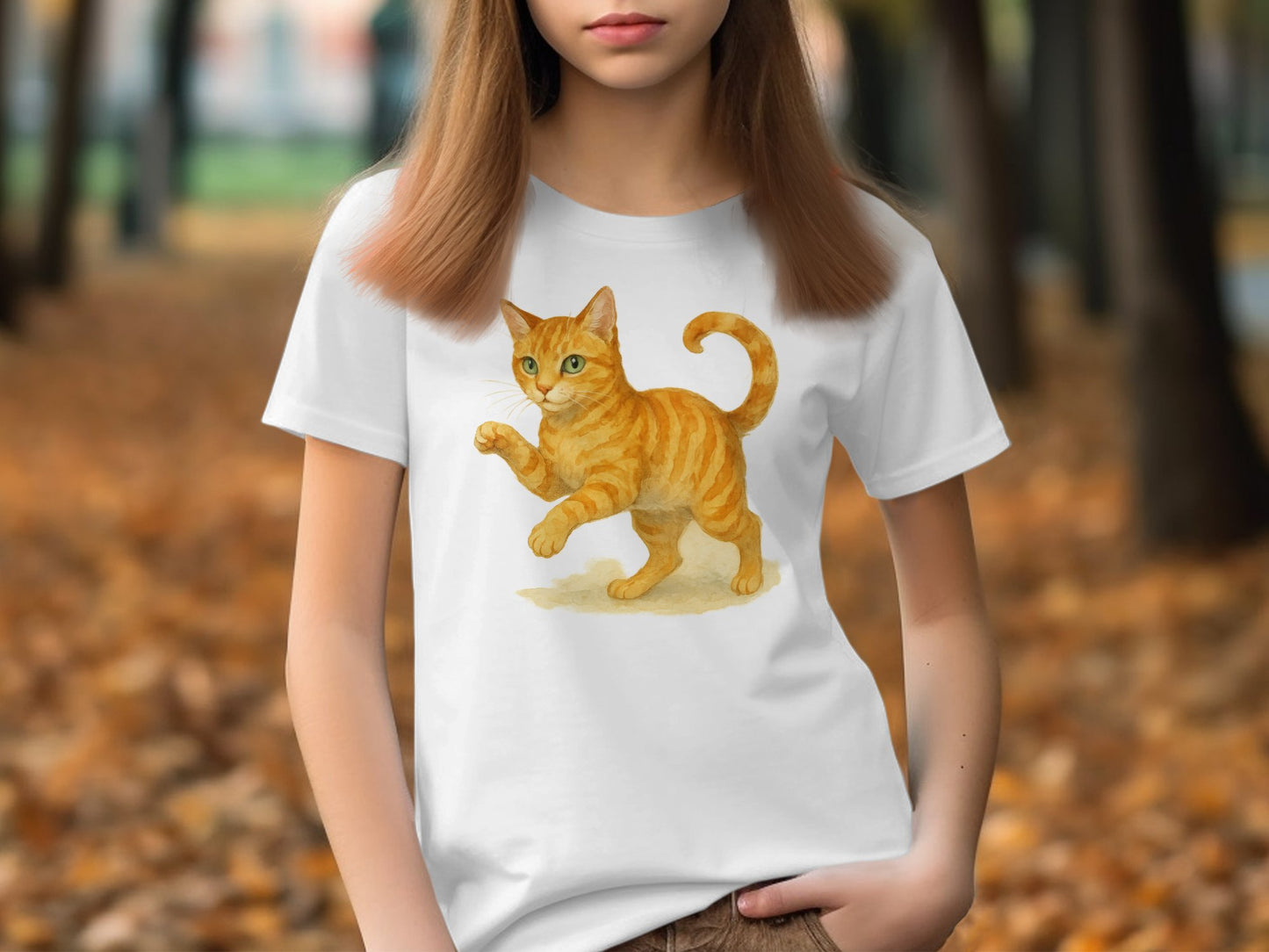 Cute Orange Cat Print on White Color T-Shirt product type