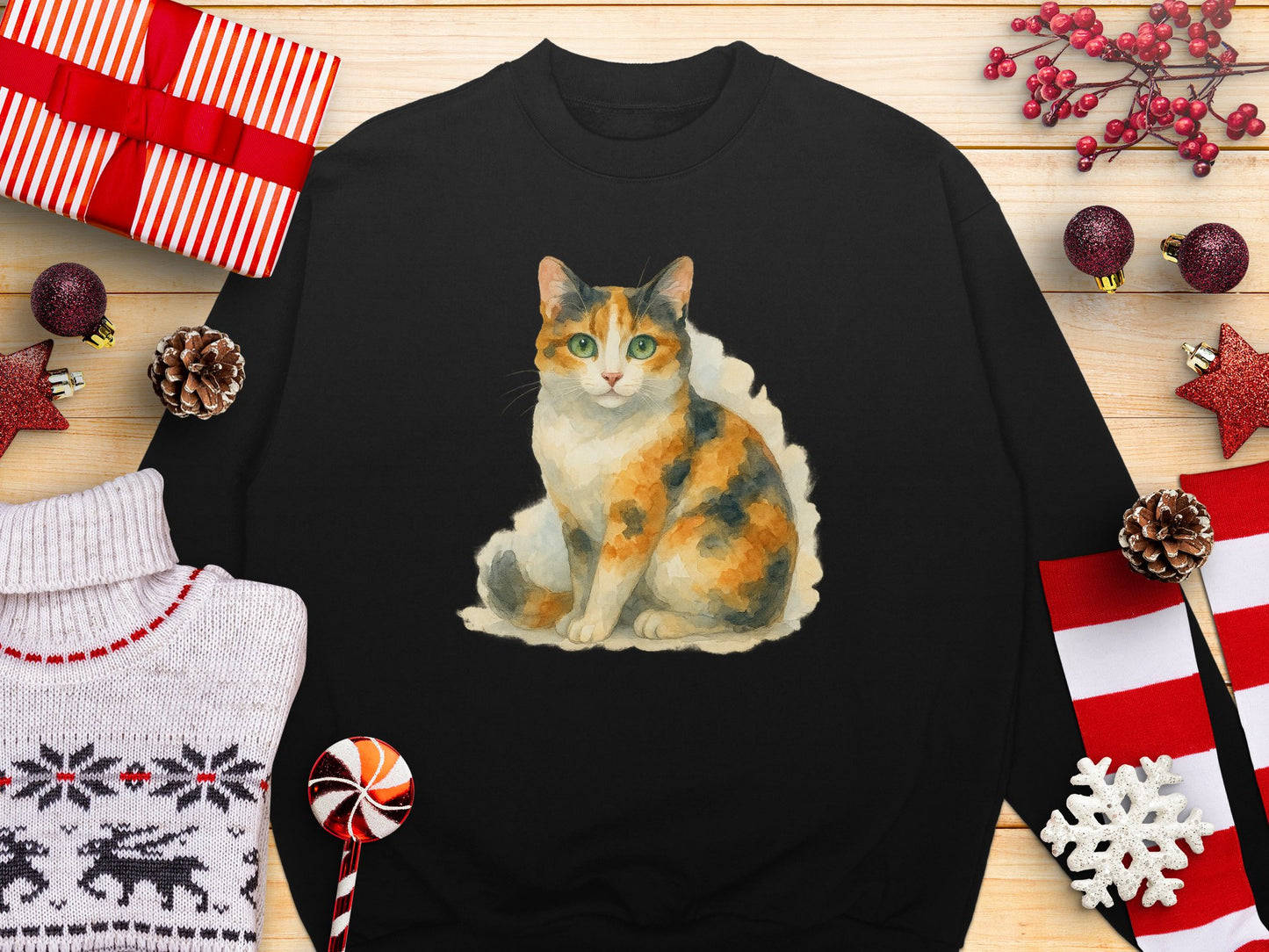 Festive Calico Cat Graphic Sweatshirt Holiday product type