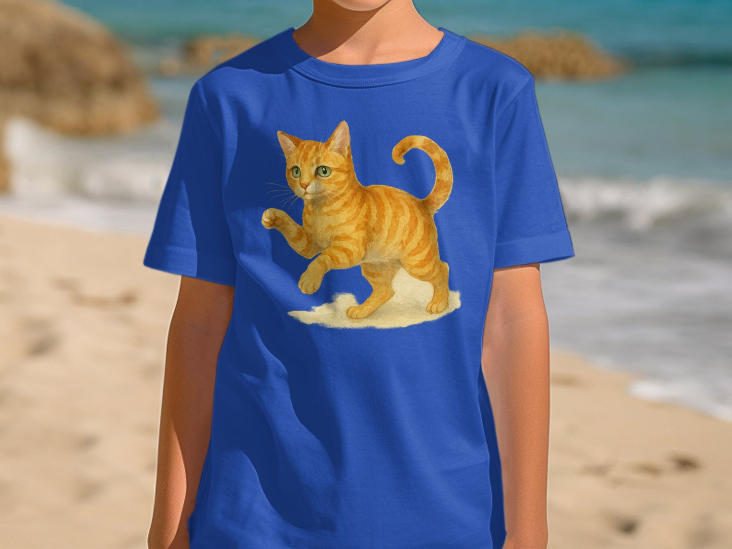Blue T-Shirt with Adorable Orange Cat Design product type