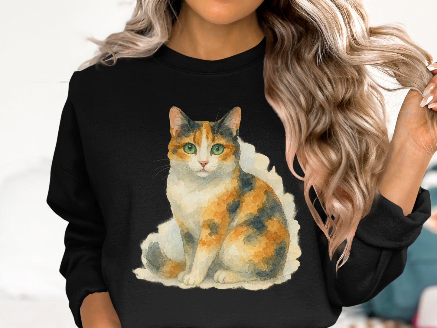 Colorful Calico Cat Art on Comfortable Black Sweatshirt product