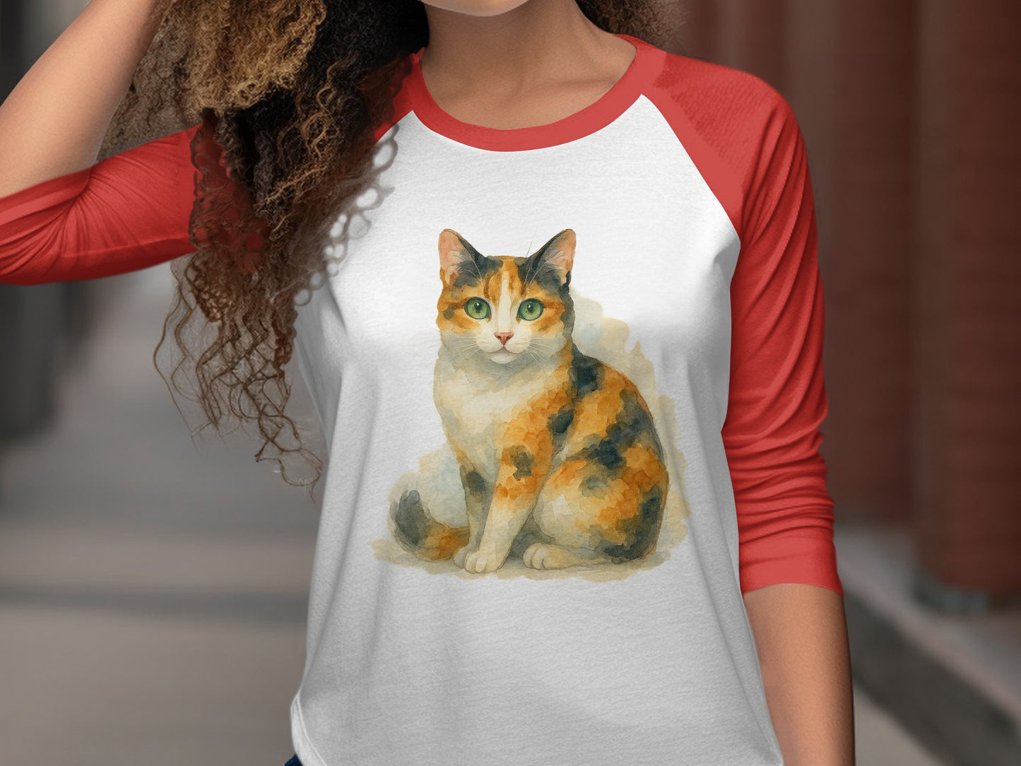 Calico Cat Graphic Red Sleeve Baseball Tee product