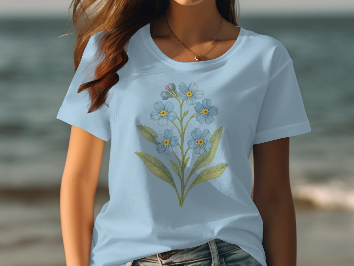 Beautiful Light Blue Floral Print Graphic T-shirt Product