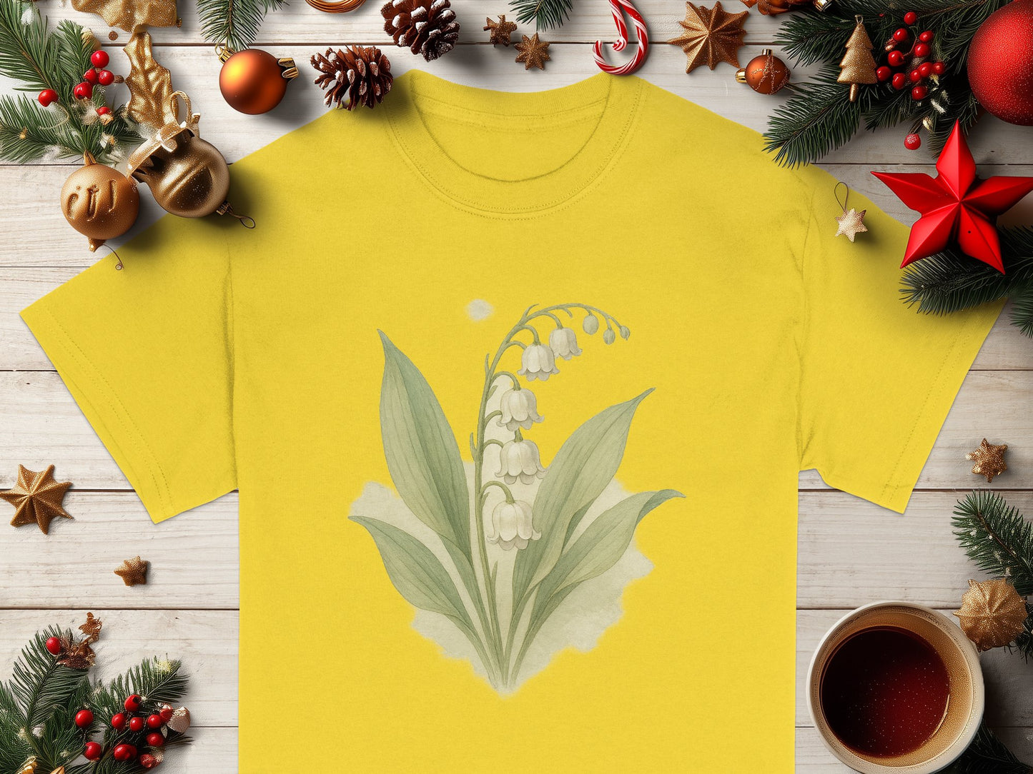 Festive Yellow Tee with Lily of the Valley Print product type