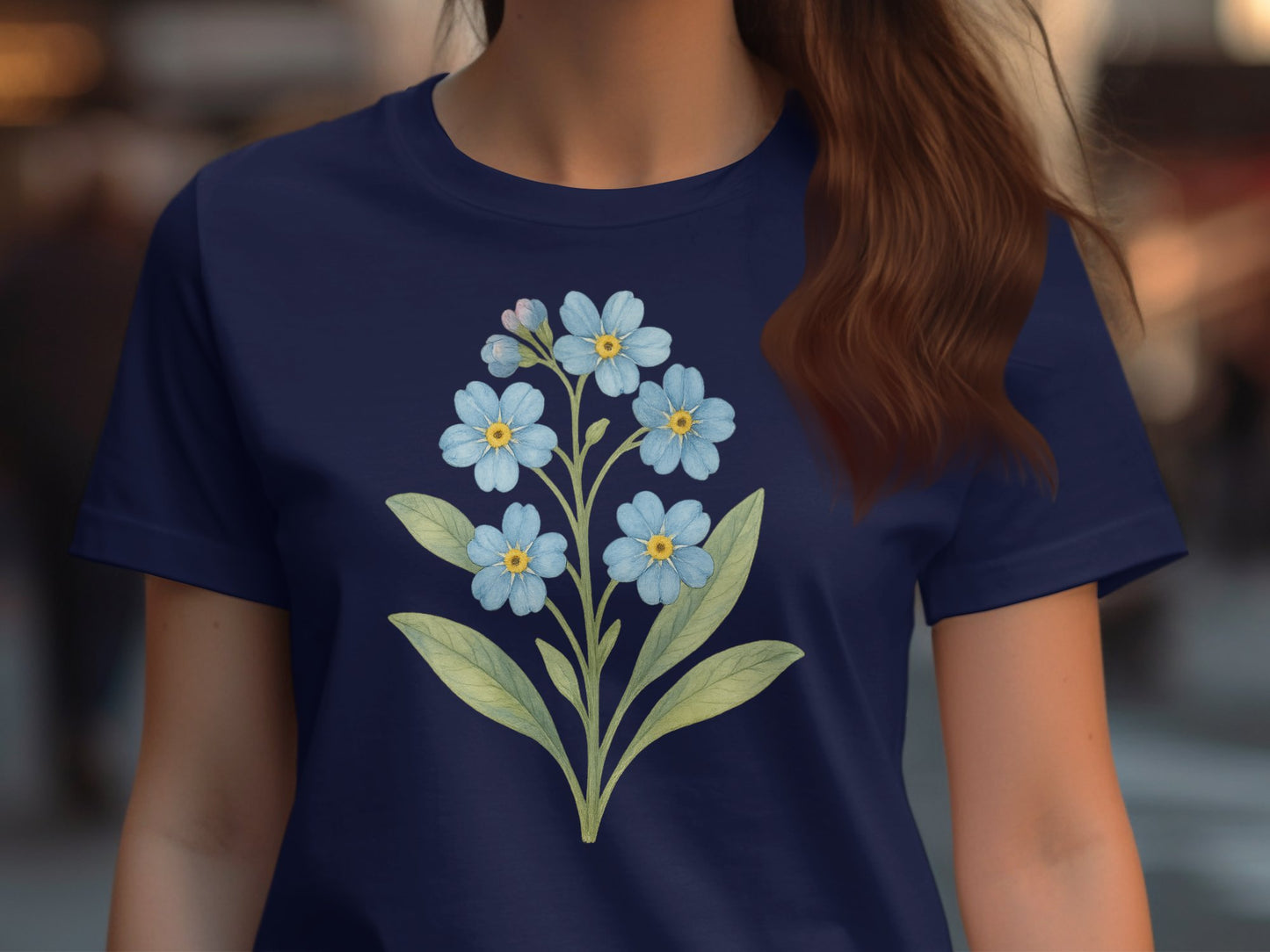 Beautiful Blue Floral Blooms on Navy Blue Graphic Tee product