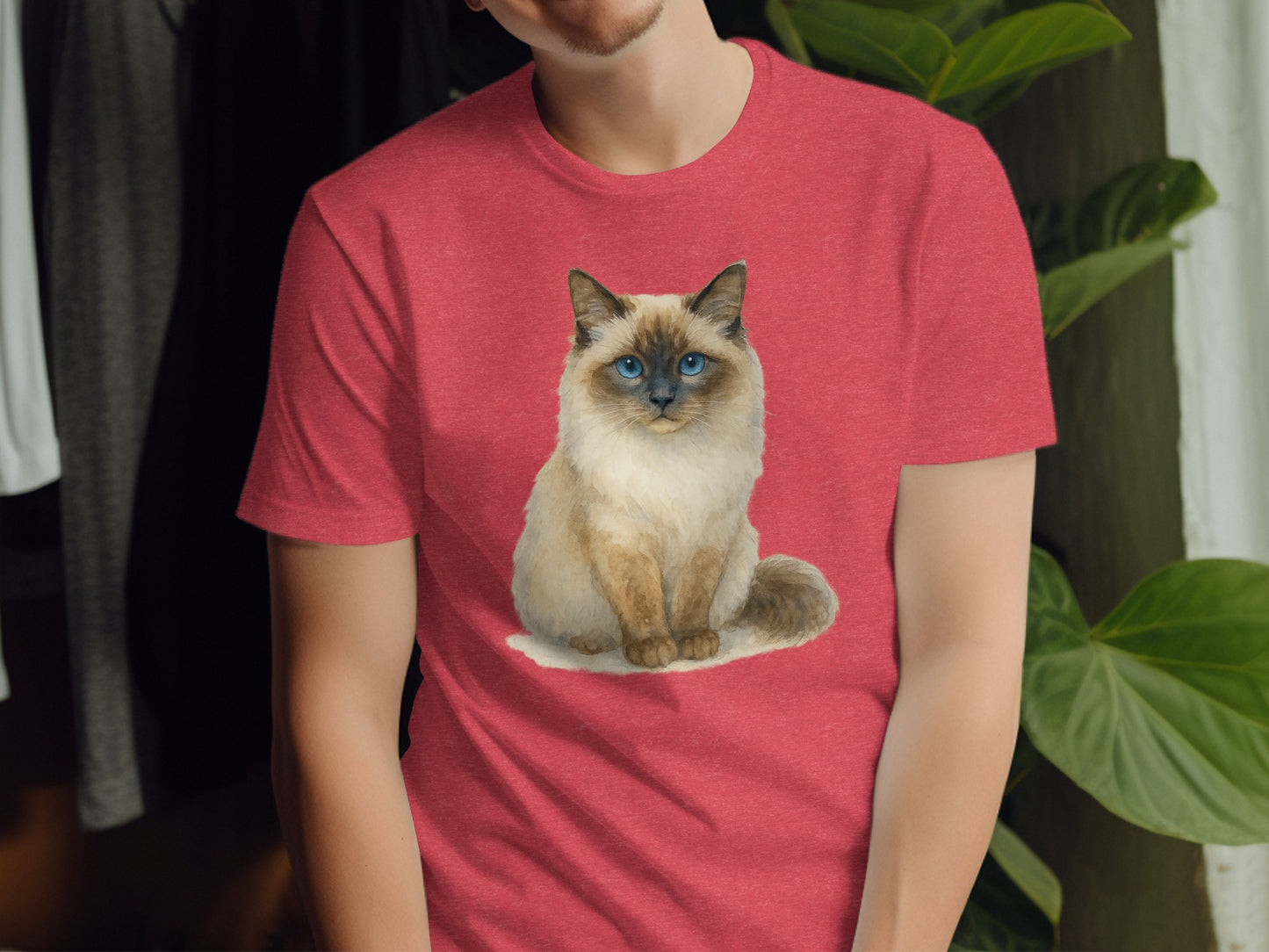 Cute Blue-Eyed Cat Artwork on Red T-Shirt product