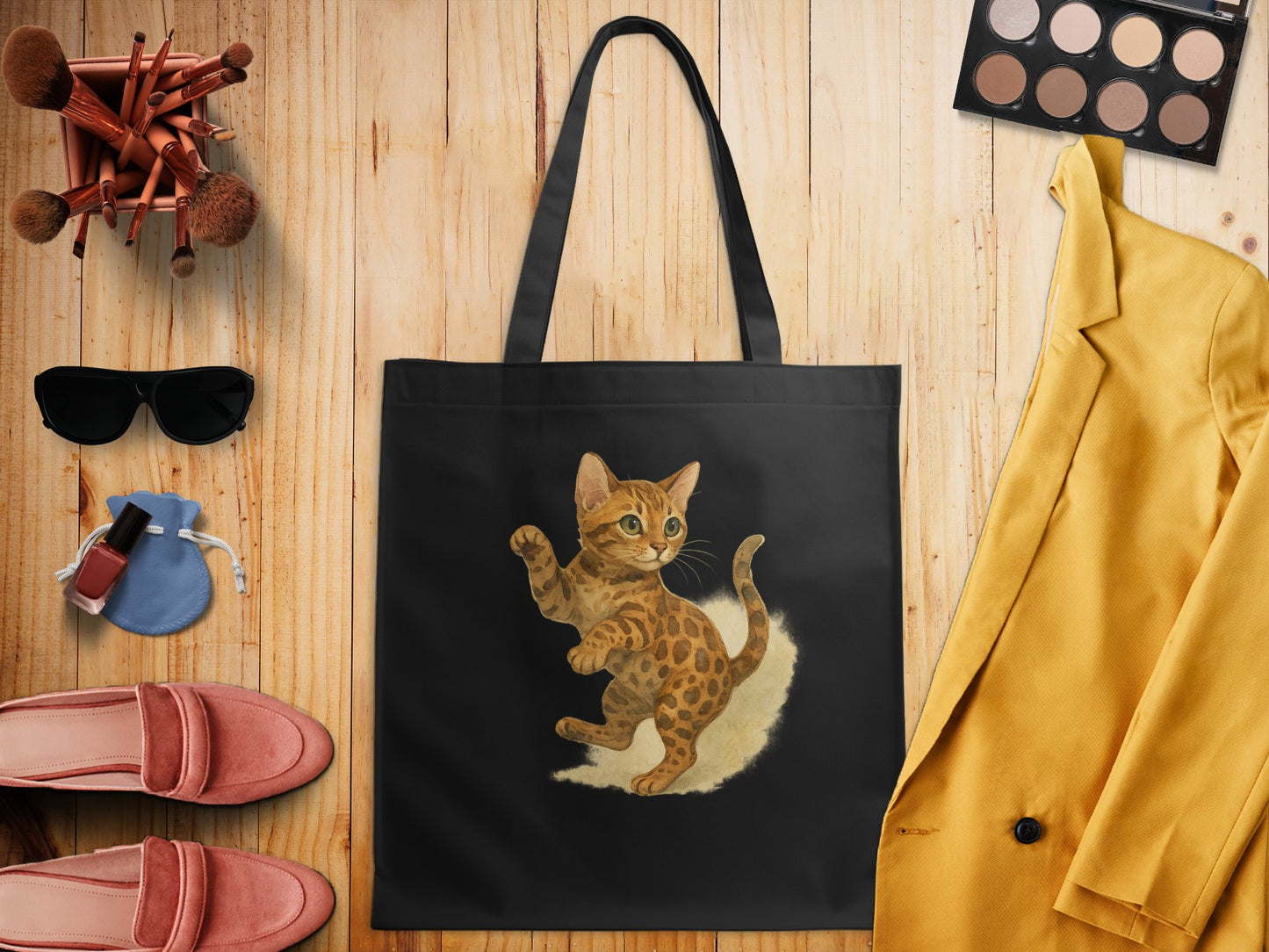 Adorable Playful Cat Design Black Shopping Bag product