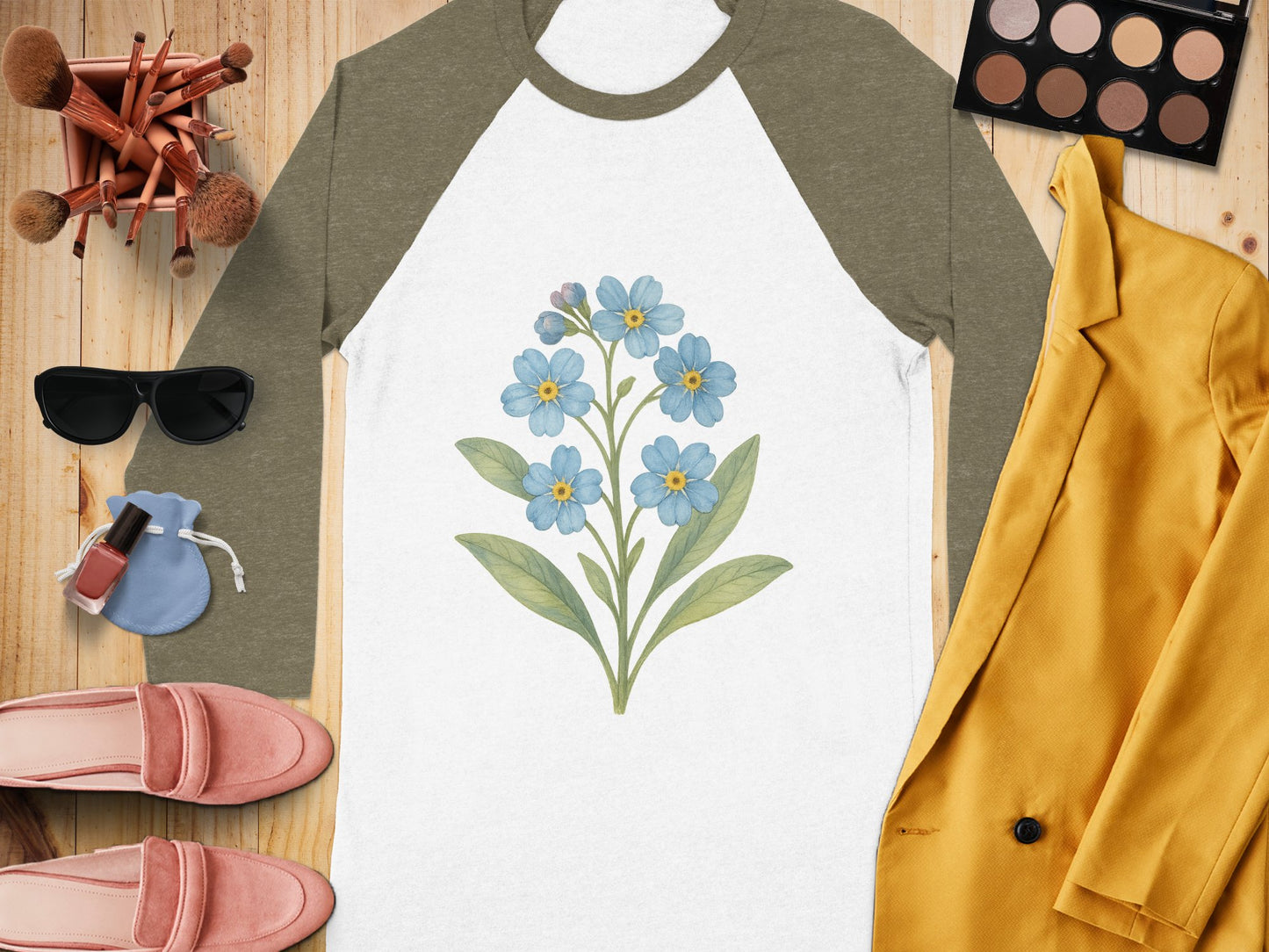 Blue Floral Print On Gray Sleeve Raglan Shirt product