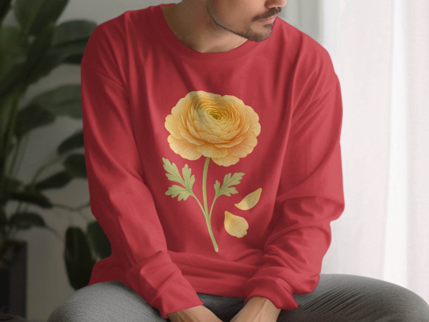Yellow Flower Printed Red Long Sleeve Shirt product