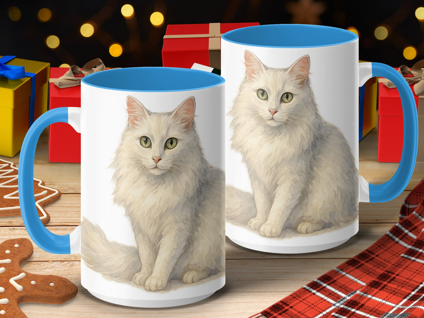 White Fluffy Cat on Christmas Gifts Background Mug product
