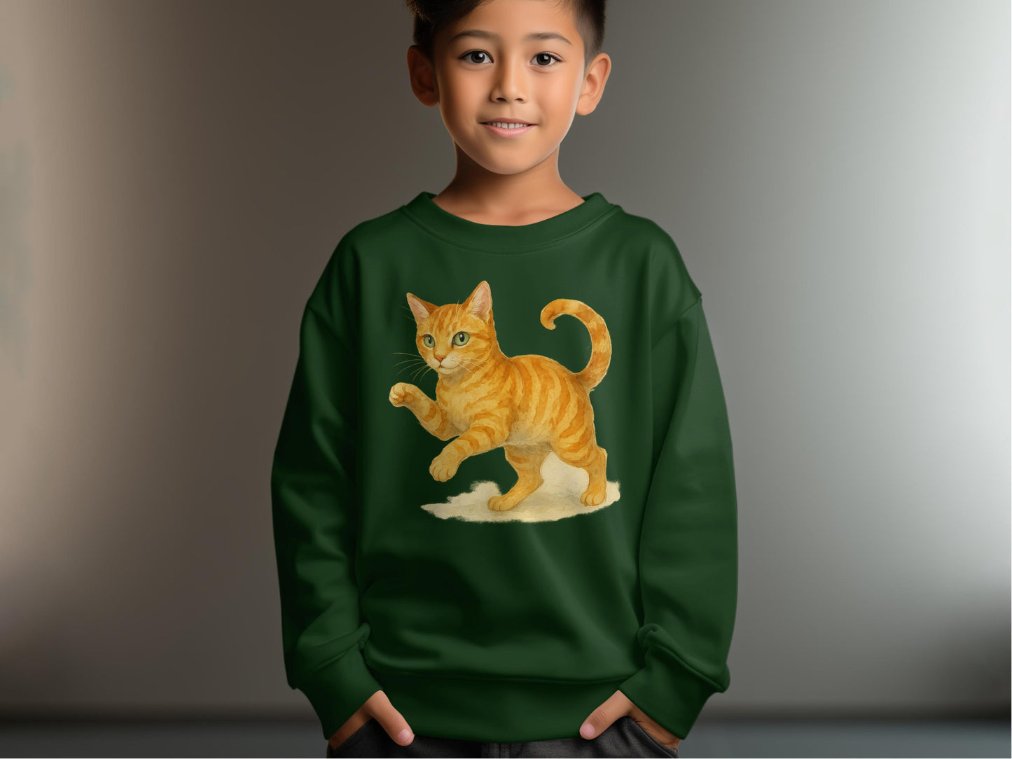 Playful Orange Cat Green Kids Sweatshirt product