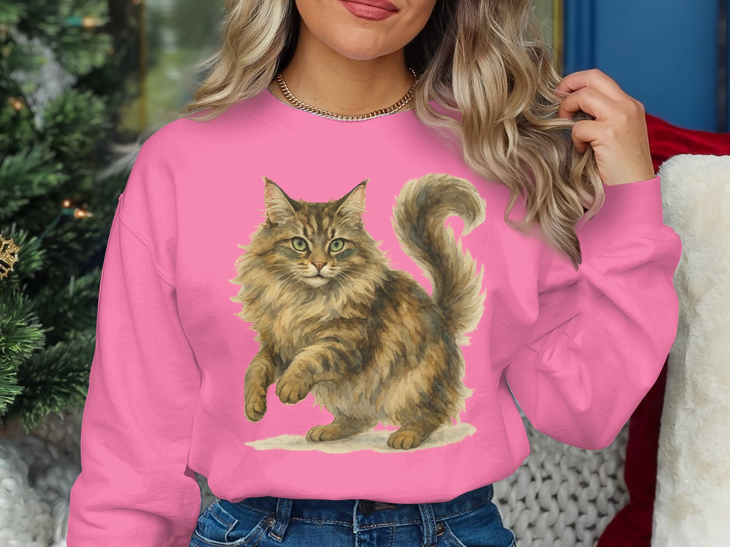Adorable Fluffy Cat Print on Pink Sweatshirt product type