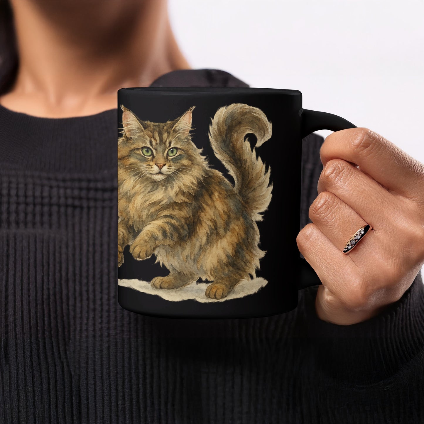 Cute Fluffy Cat Design on Black Coffee Mug product type