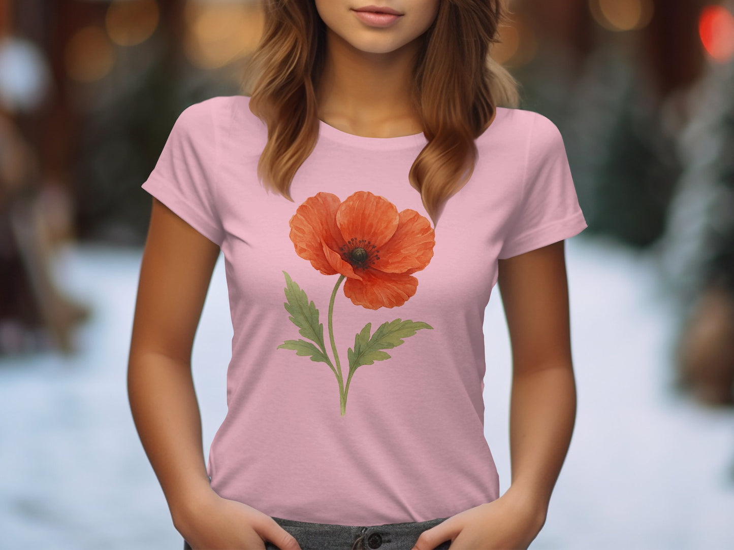 Vibrant Red Poppy Flower Print on Pink TShirt product type