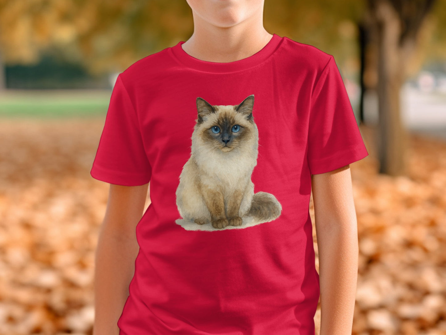 Cute Sitting Blue-Eyed Cat Printed on Red Shirt product