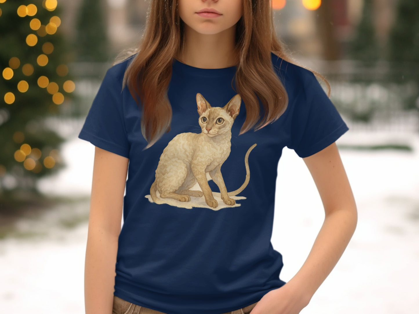 Elegant Graphic Cat Print Design on Navy T-Shirt product