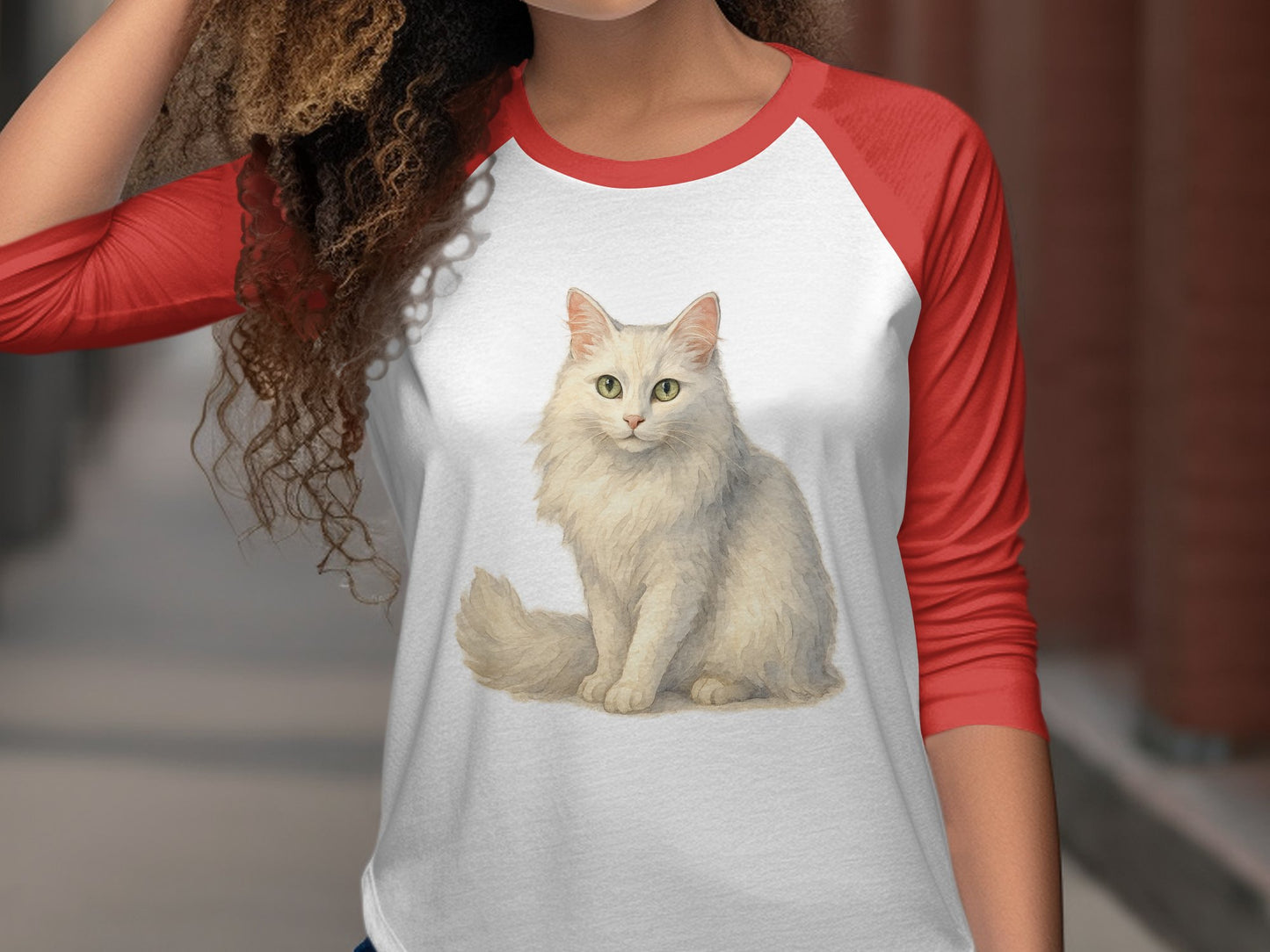 Adorable Fluffy White Cat Printed Raglan Shirt product