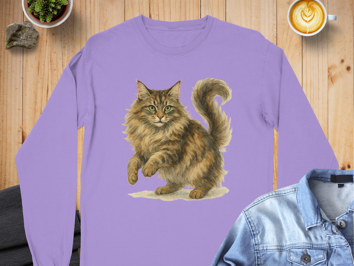 Adorable Fluffy Cat Design Purple Long Sleeve Shirt product