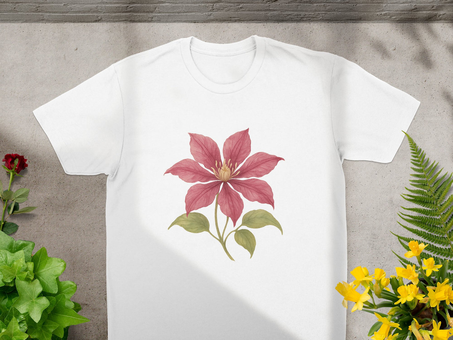 White T-shirt with Large Red Flower Printed Design product type