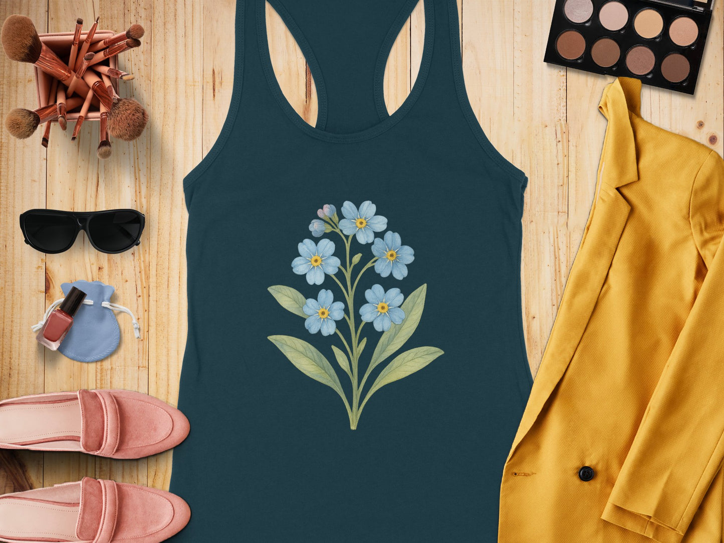 Floral Print Dark Blue Sleeveless Casual Tank Top product type