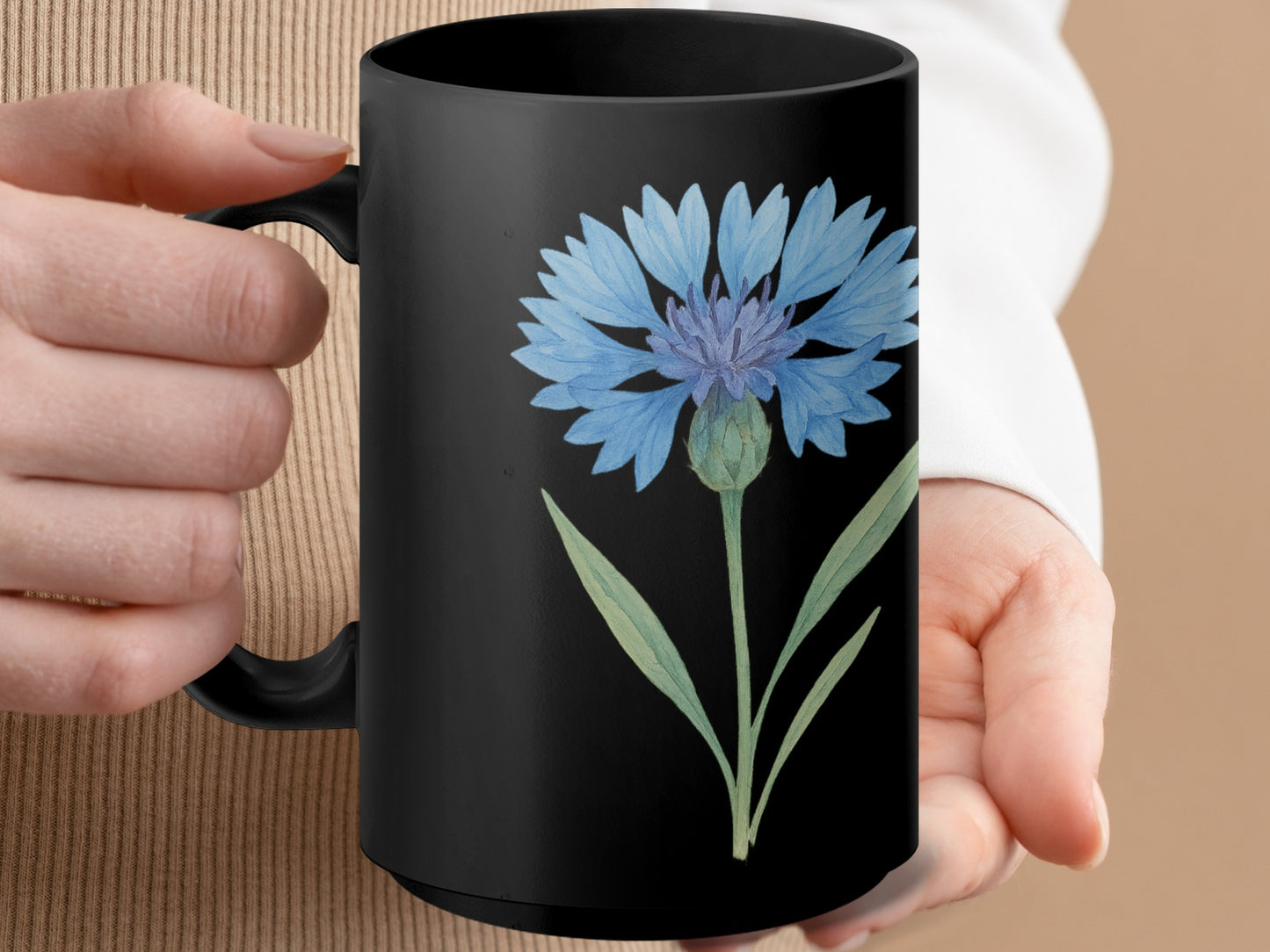 Beautiful Blue Flower Design Black Mug product